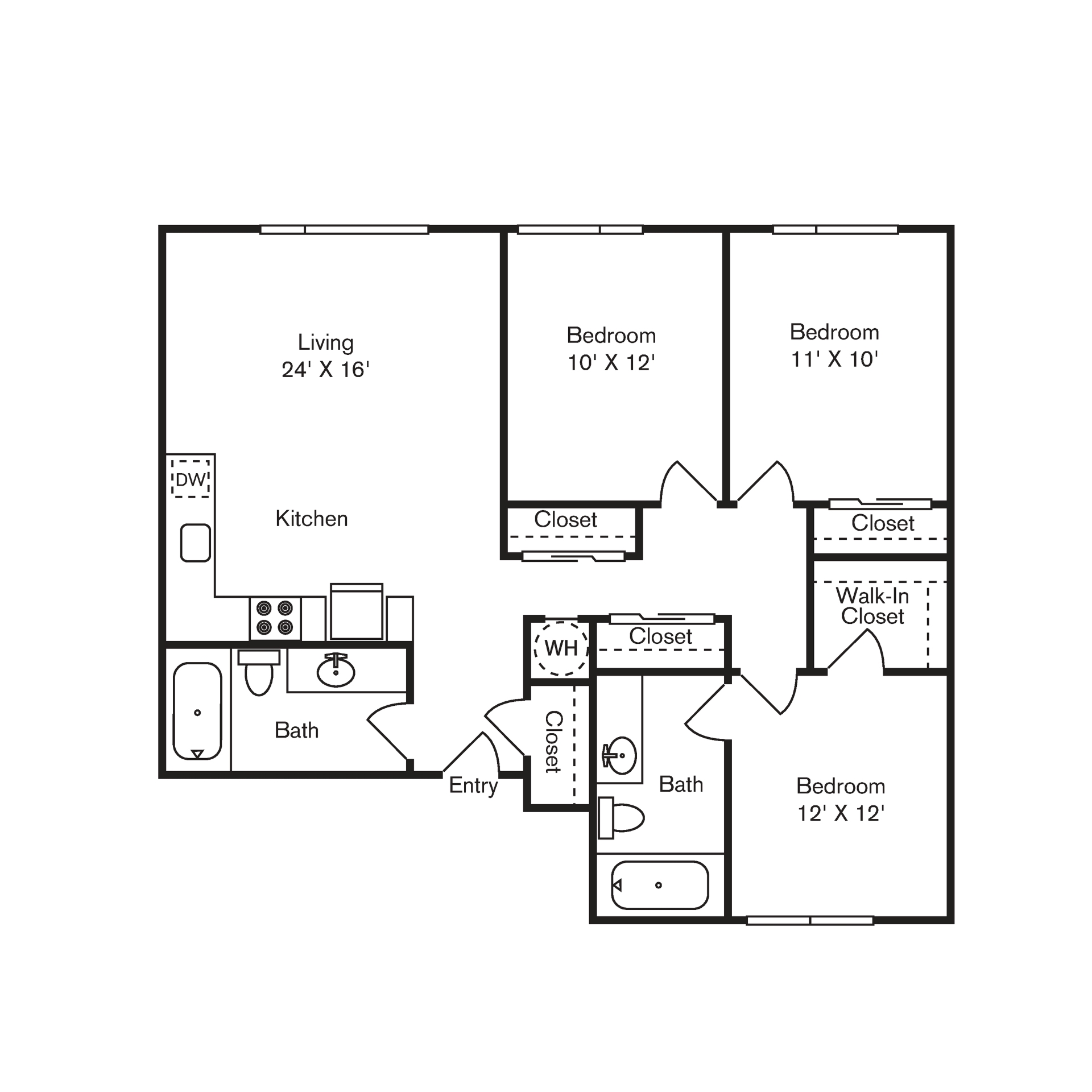 Floor plan for 3 beds, 2 baths, 1016 sqft